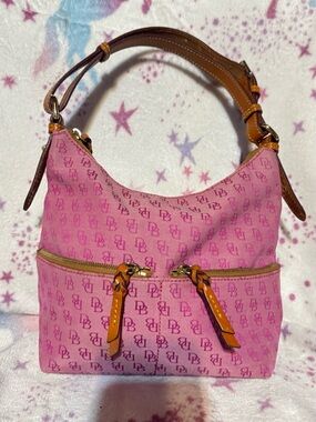 Dooney & Bourke Pink Signature Hobo Shoulder Bag with Tan Leather Trim